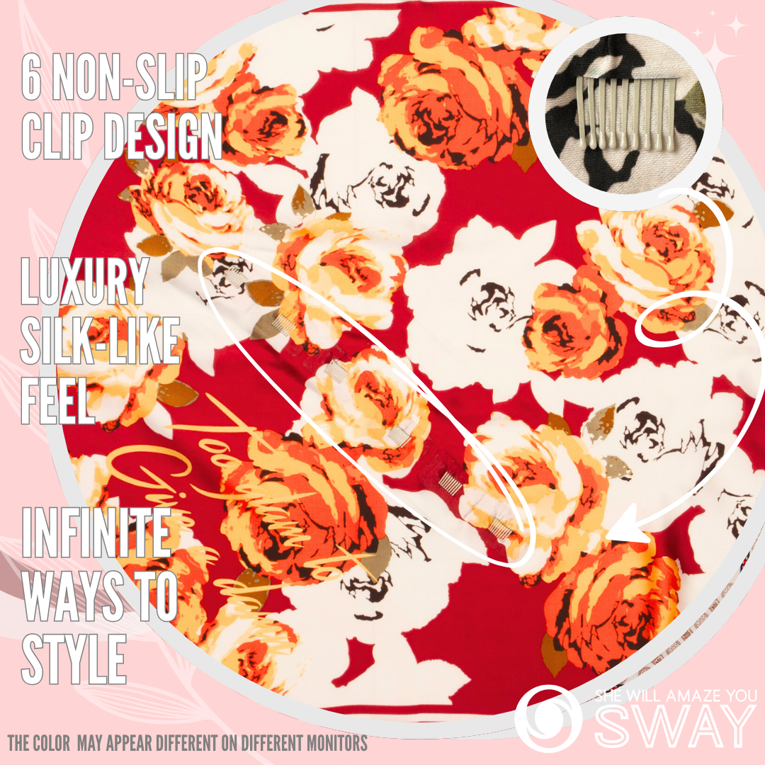 Red & white rose headband laid flat with writing showing clips
