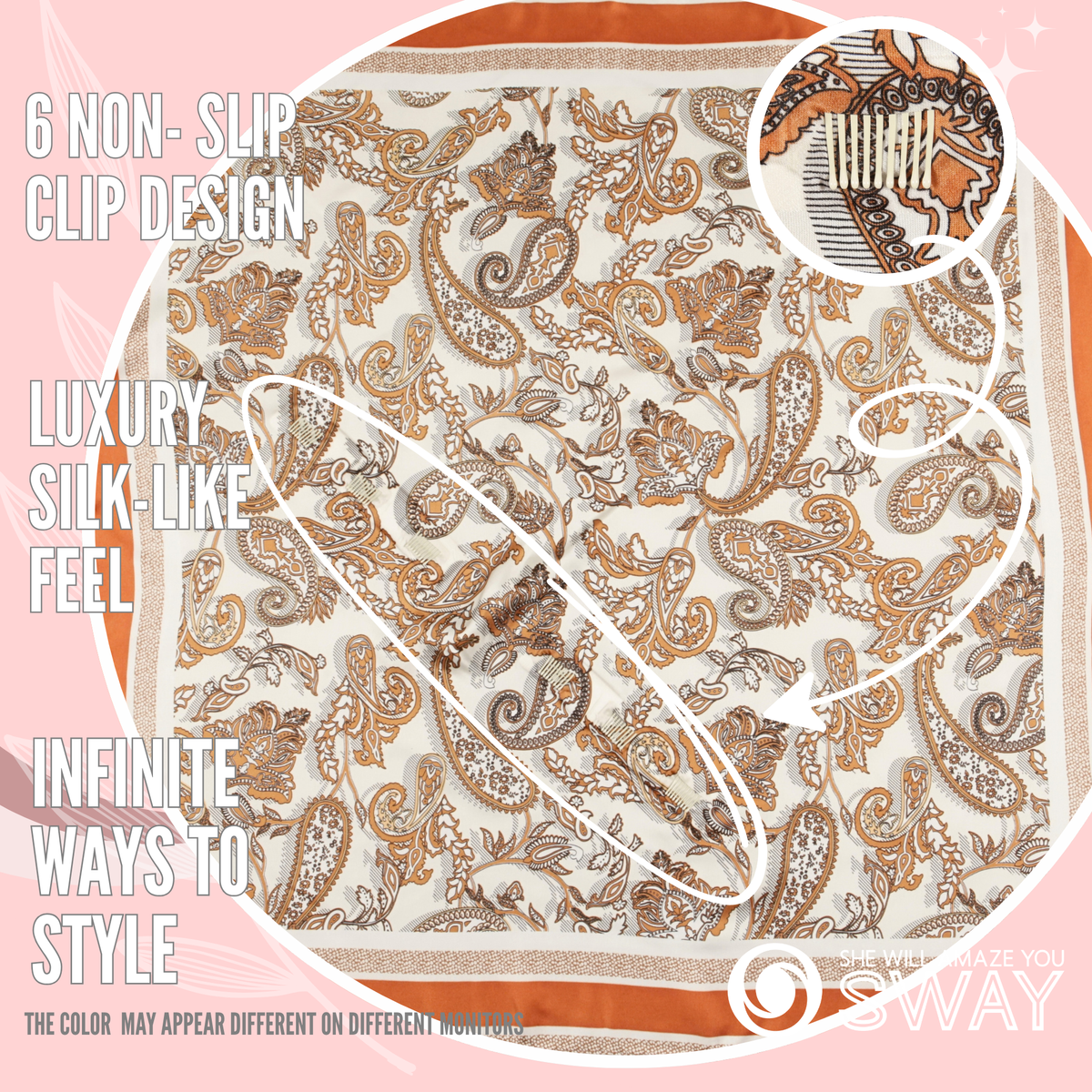 Valencia Orange scarf laid flat showing burnt orange paisley and a close-up of the non-slip clip