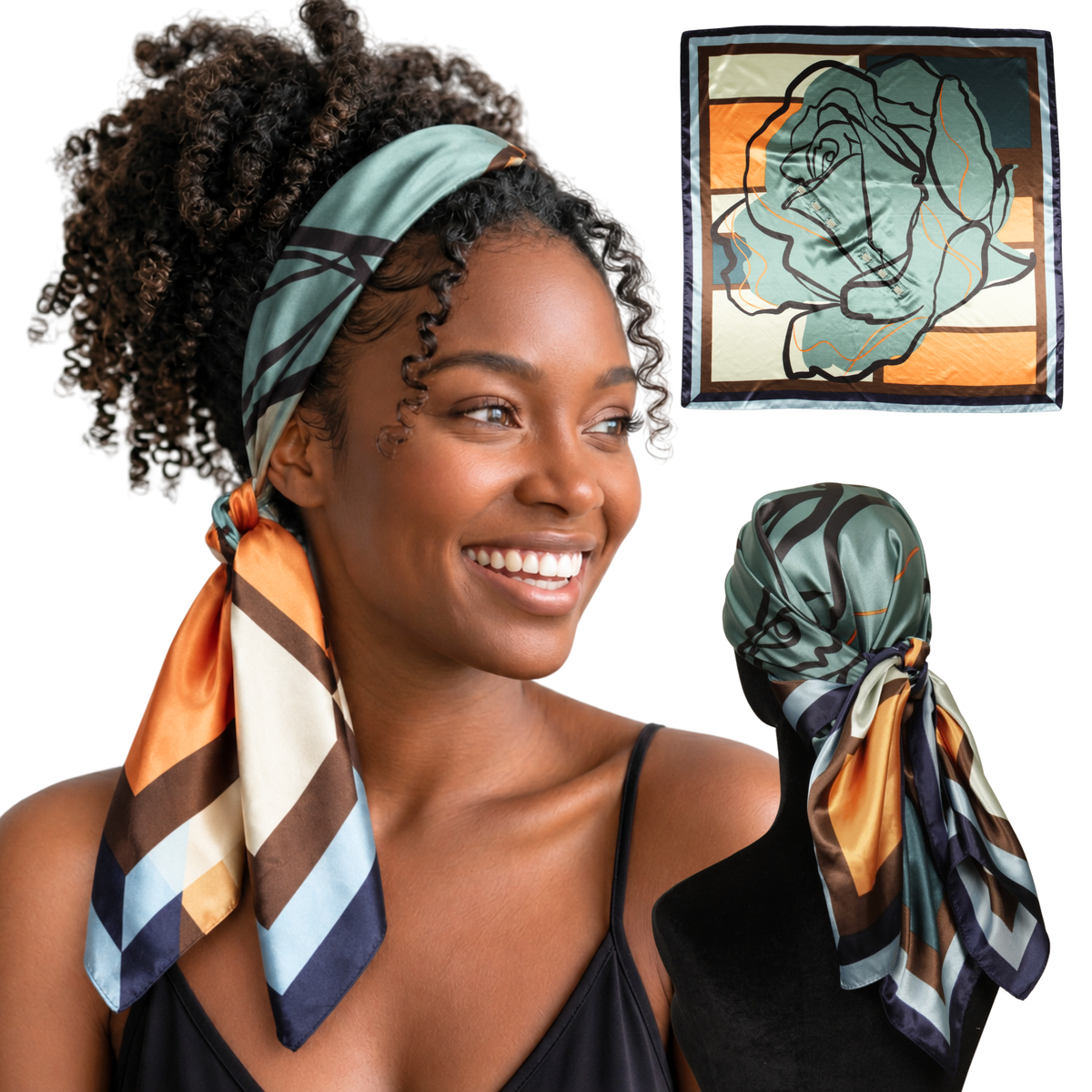 Woman wearing Verona Sage satin scarf headband with clips, also shown flat and from the back