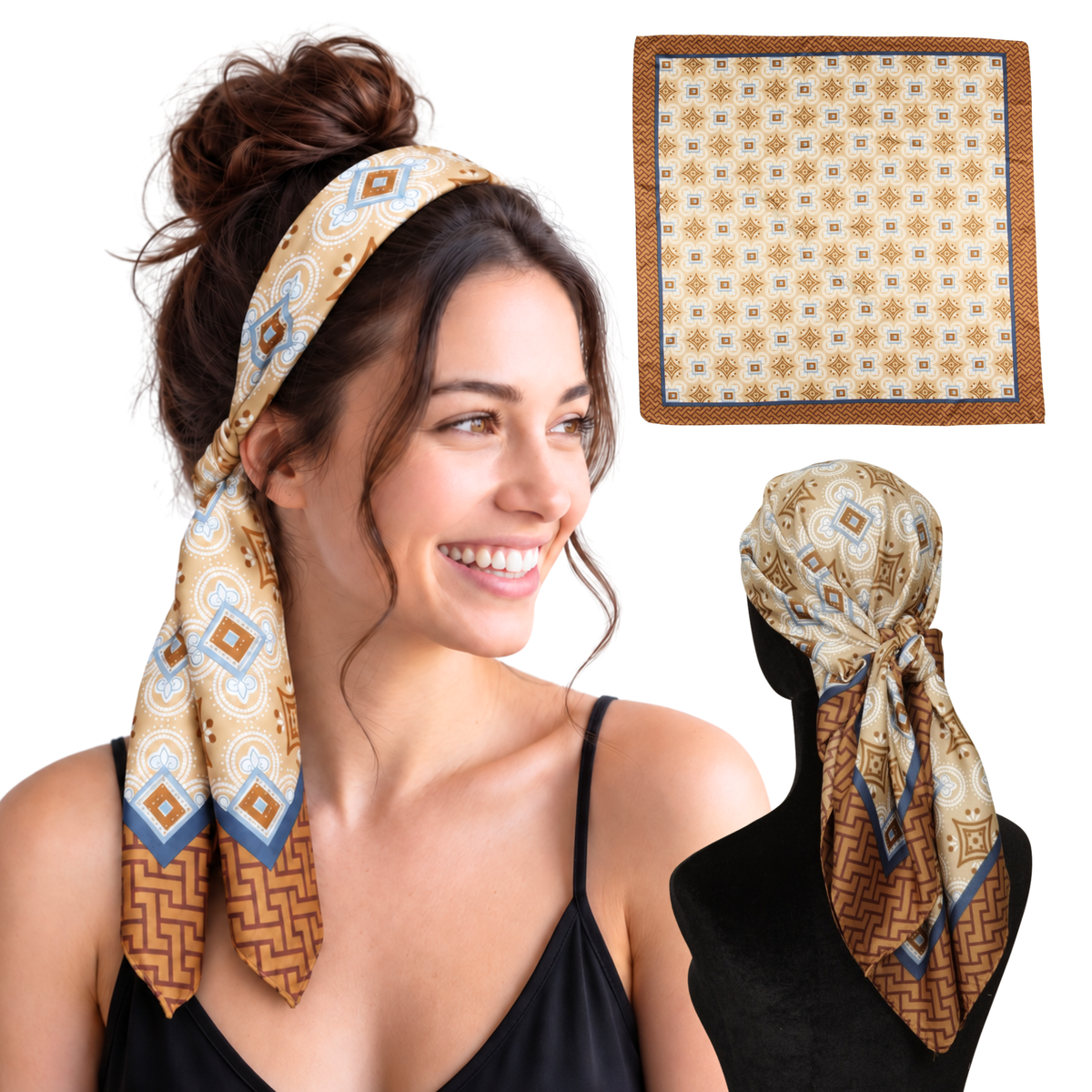 Woman wearing Monaco Tan twill scarf headband, shown flat and from the back