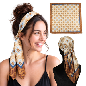 Woman wearing Monaco Tan twill scarf headband, shown flat and from the back