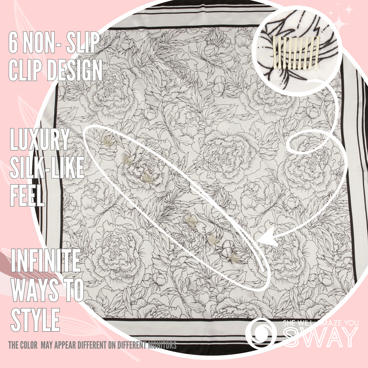 Kensington White scarf laid flat showing line-drawn peonies and a close-up of the non-slip clip