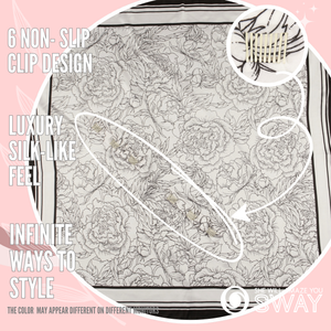 Kensington White scarf laid flat showing line-drawn peonies and a close-up of the non-slip clip