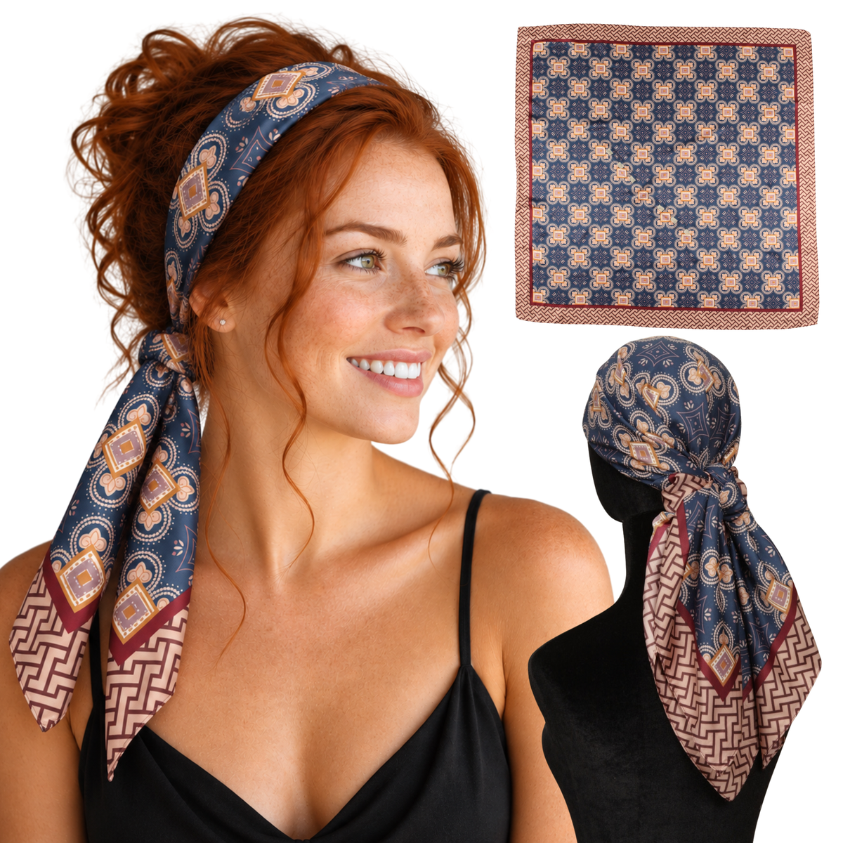 Woman wearing Monaco Blue twill scarf headband with non-slip clips, worn and shown flat and back view