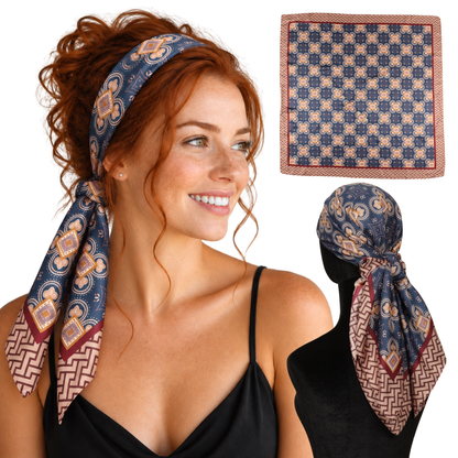 Woman wearing Monaco Blue twill scarf headband with non-slip clips, worn and shown flat and back view