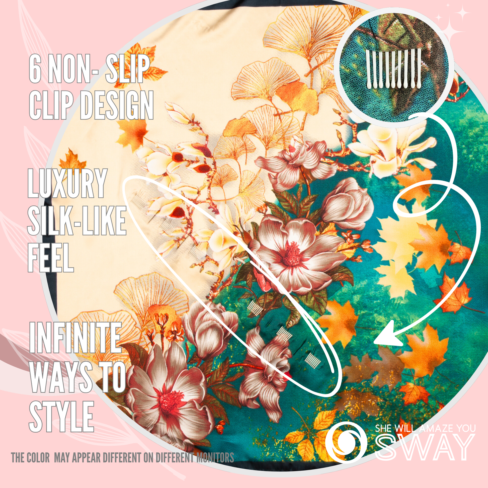 Yellow & turquoise fall design satin scarf late flat