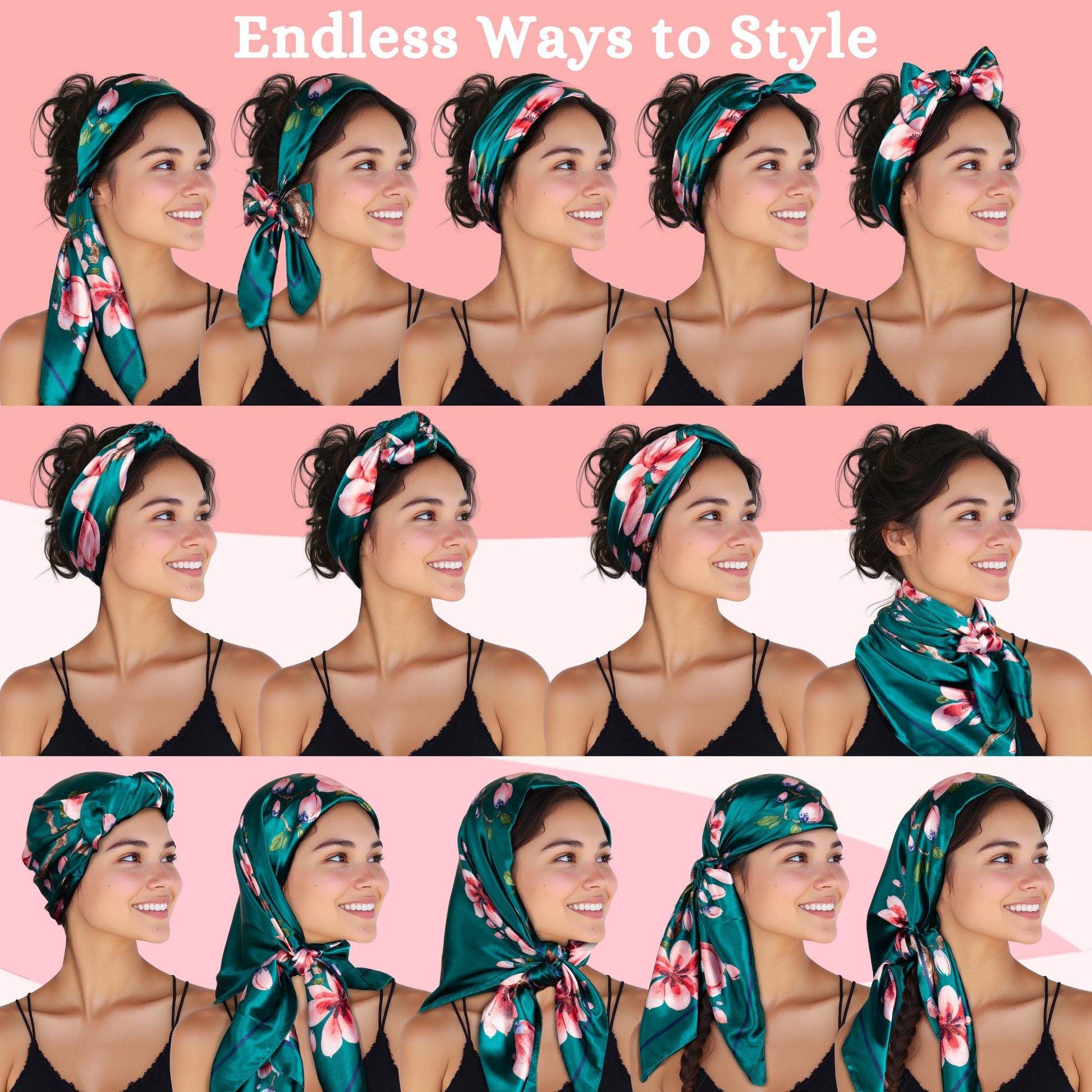 Woman styling the same satin headband/headscarf in various ways 