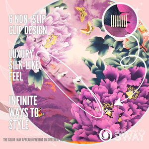 Purple and green floral pattern headband laid flat