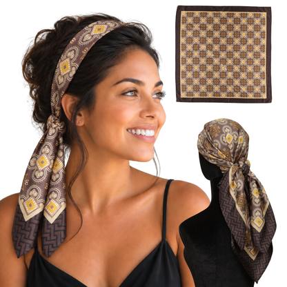Woman wearing Monaco Brown twill scarf headband with non-slip clips, shown flat and from the back
