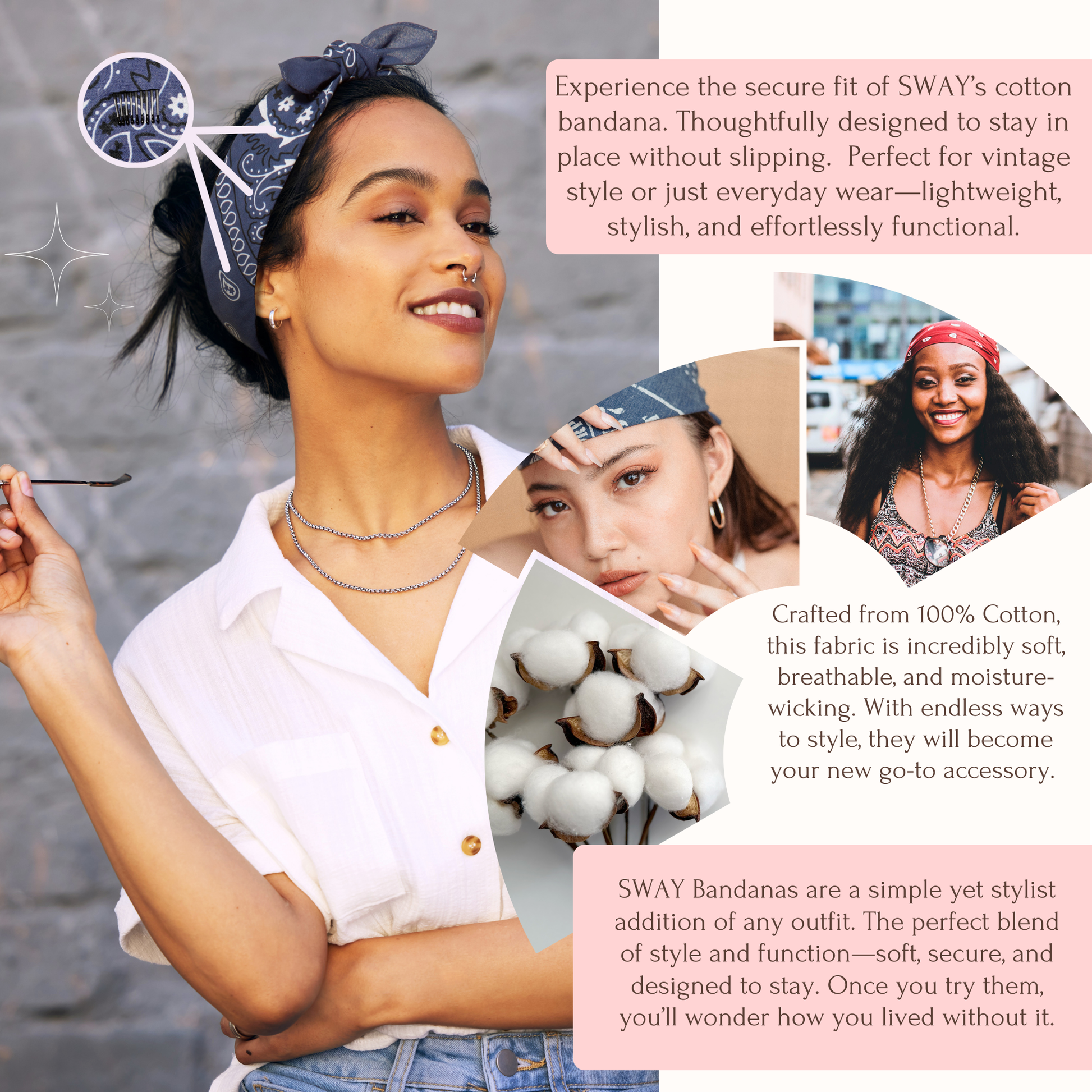 Woman wearing a non-slip bandana with product information overlay