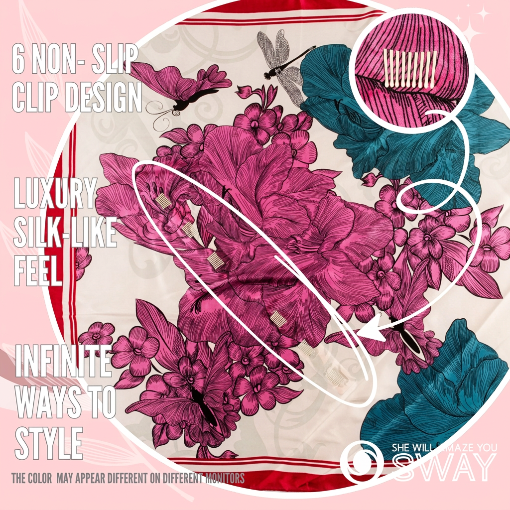 Seville Magenta satin scarf headband laid flat with a close-up of SWAY’s patented non-slip clip