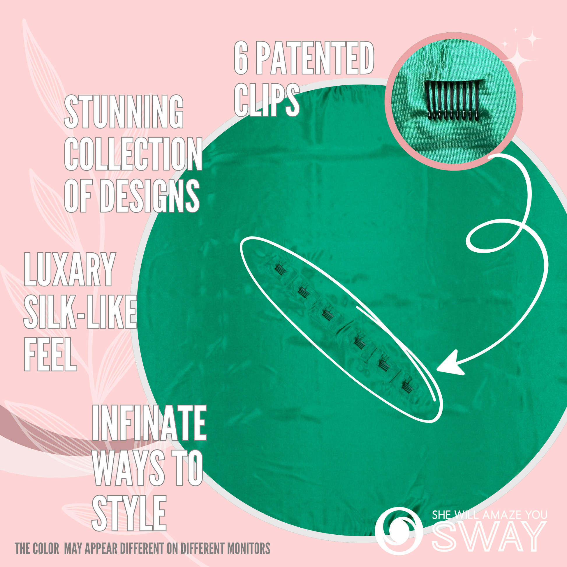 Emerald Green Solid Large Satin Scarf Laid flat with patented clips 