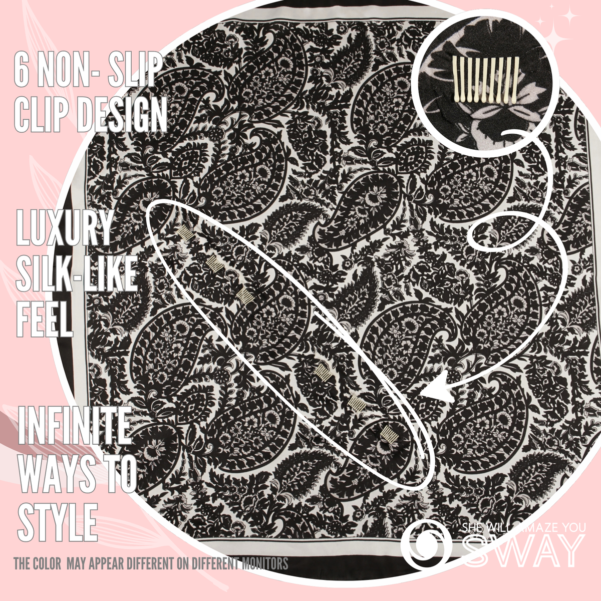 Vienna Black satin scarf headband laid flat with a close-up of SWAY’s patented non-slip clip