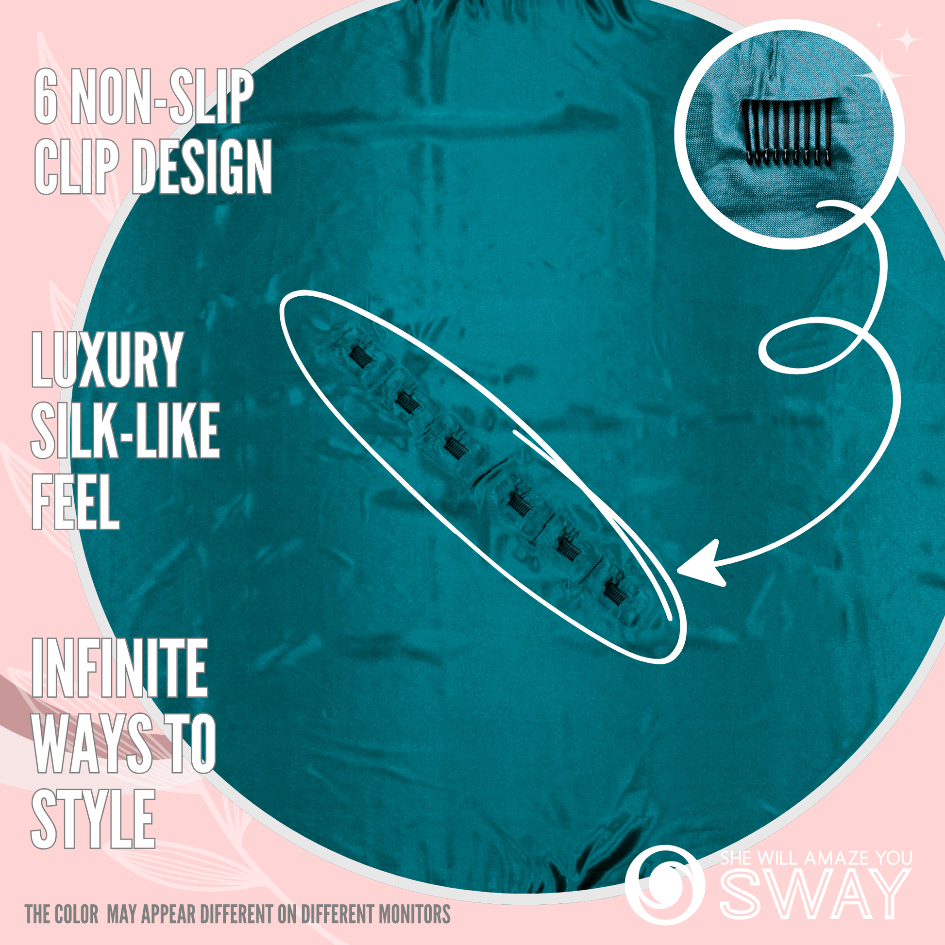 Solid turquoise large satin scarf laid flat with 6 clips showing