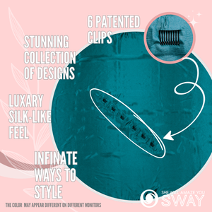 Solid turquoise large satin scarf laid flat with 6 clips showing 