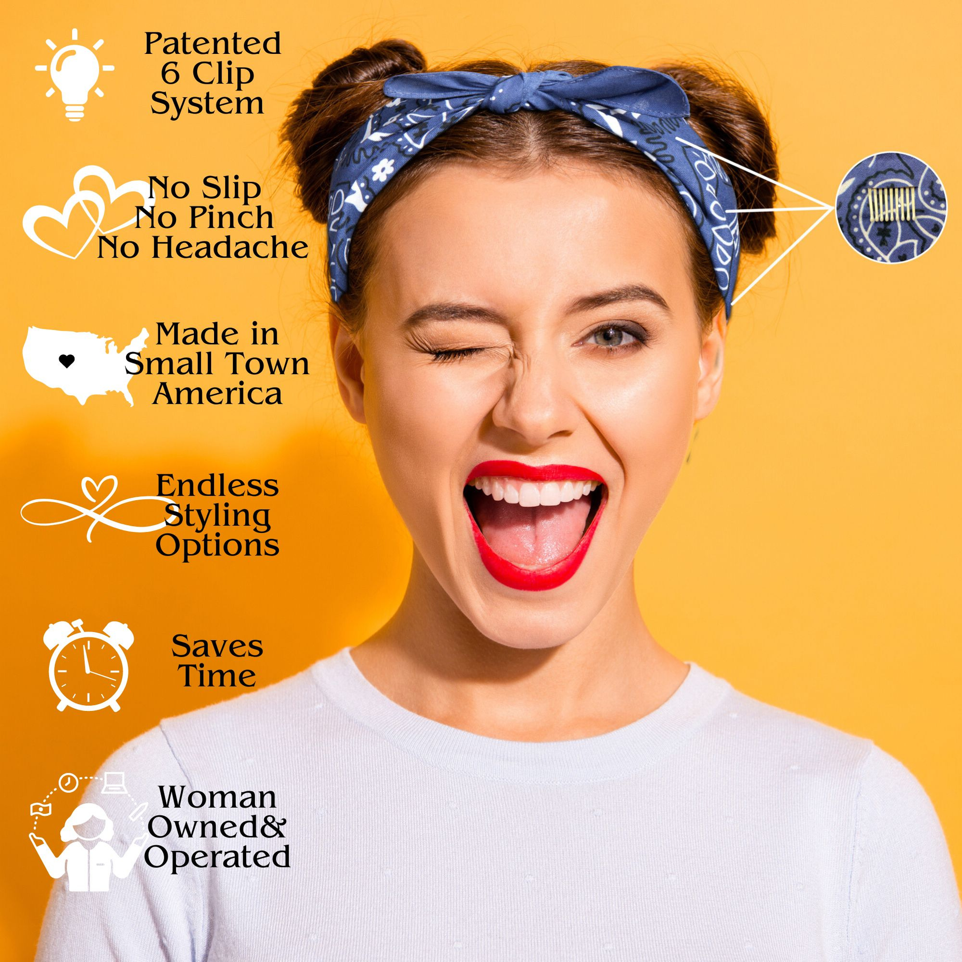 Woman wearing a vintage bandana with brand and product highlights 