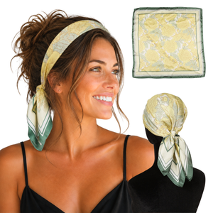 Woman wearing Kensington Yellow peony print satin scarf headband, with flat and back views