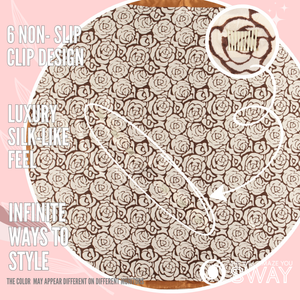 Milano Brown satin scarf headband laid flat with a close-up of SWAY’s patented non-slip clip