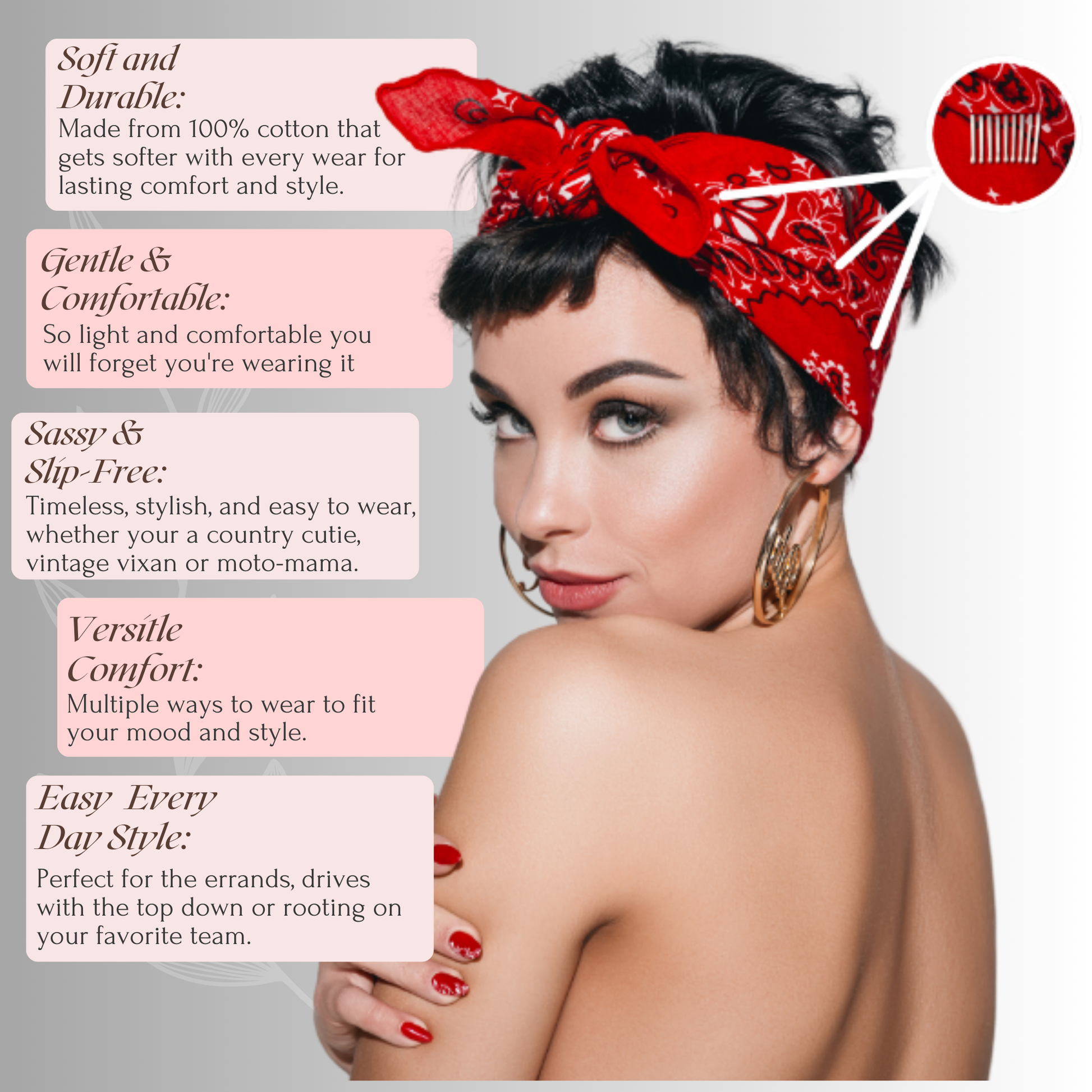 Woman wearing a non-slip wide cotton headband with key features highlighted