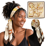 Woman wearing Equestrian Tan twill scarf headband with non-slip clips, shown flat and from the back