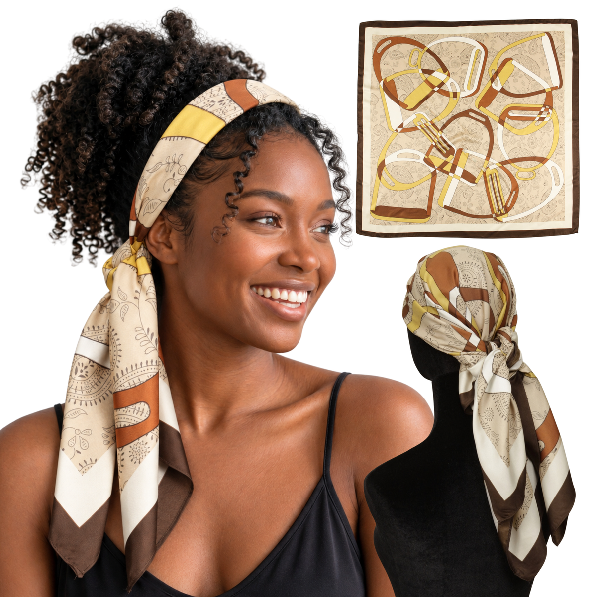 Woman wearing Equestrian Tan twill scarf headband with non-slip clips, shown flat and from the back