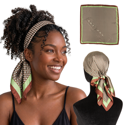 Woman wearing SWAY small satin headband in green & brown