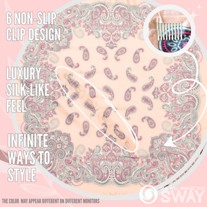 Silky paisley bandana pattern headband laid flat with clips showing 