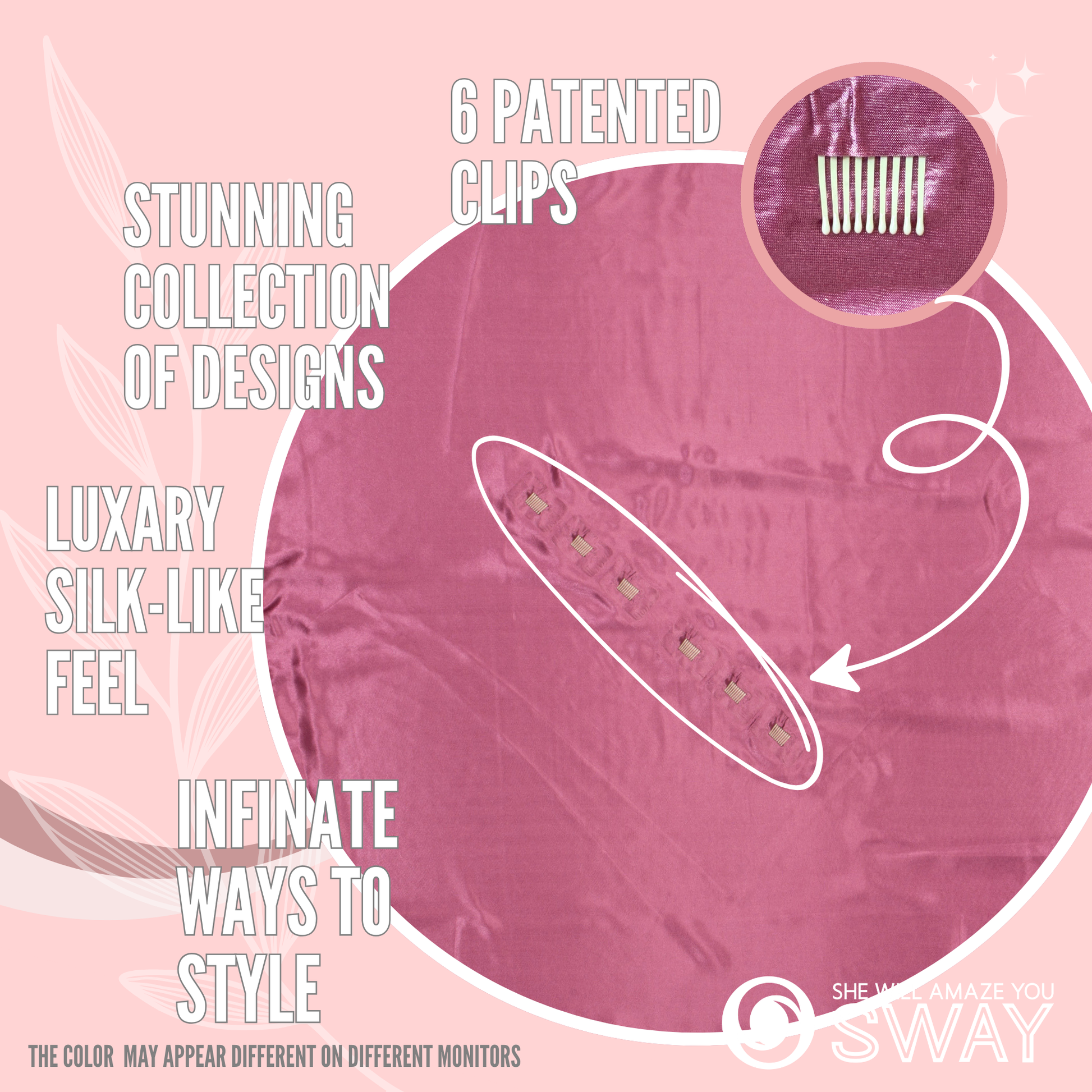 Pink Large Satin Scarf Laid Flat showing the 6 non-slip clips 