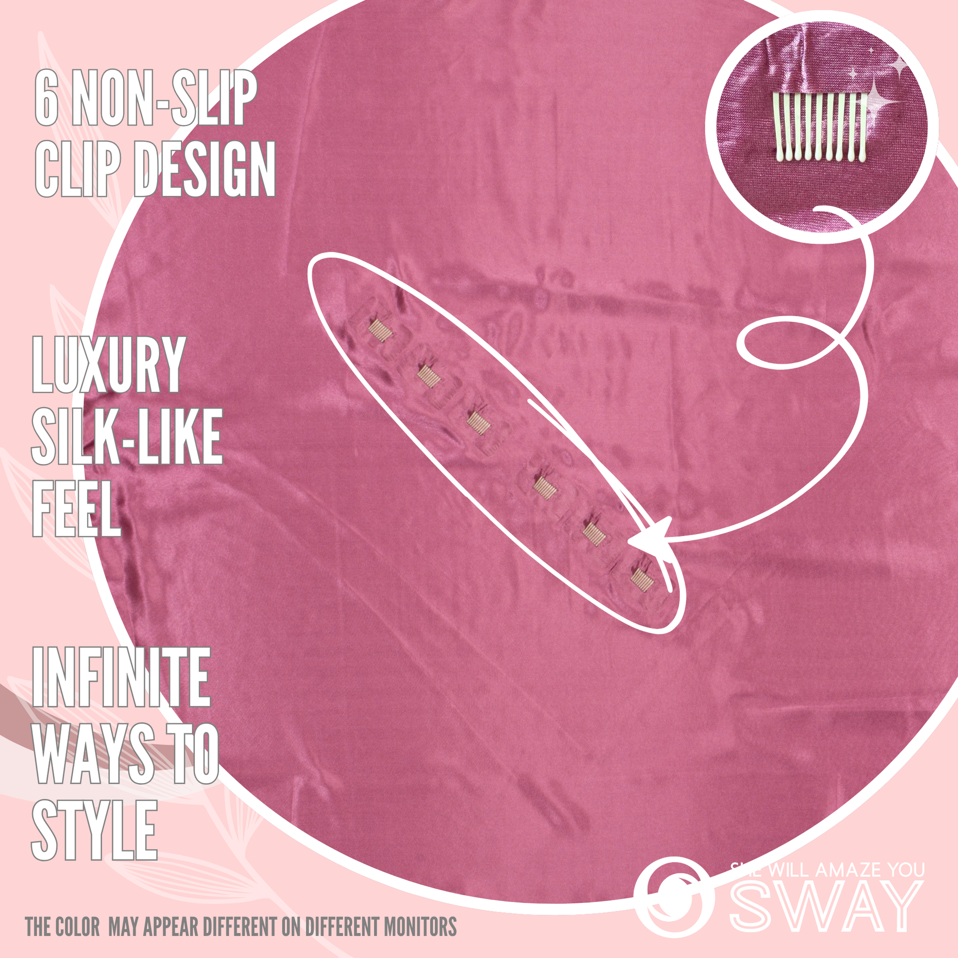 Pink Large Satin Scarf Laid Flat showing the 6 non- slip clips