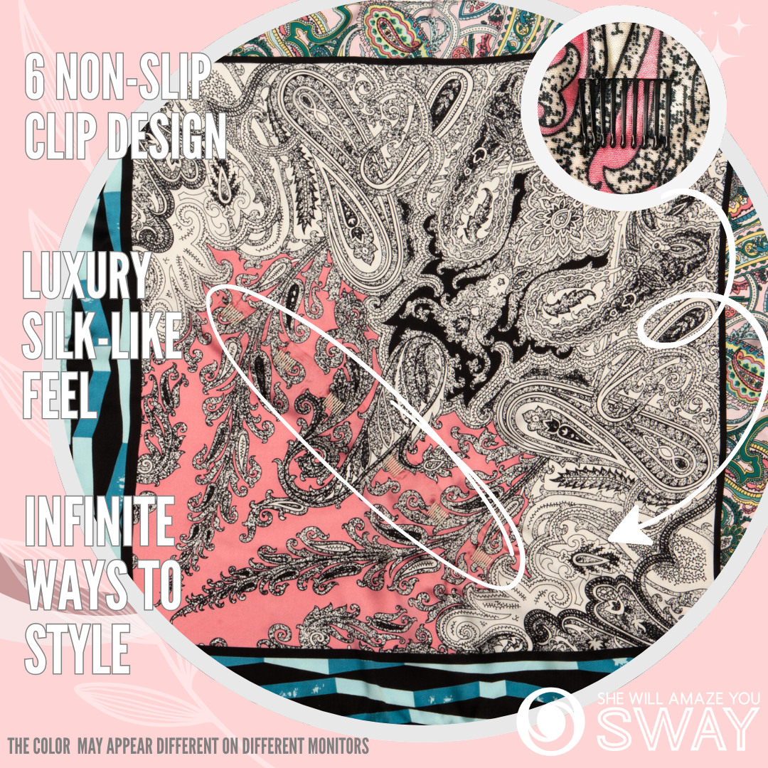 Pink and multi-colored scarf laid flat with non-slip clips showing