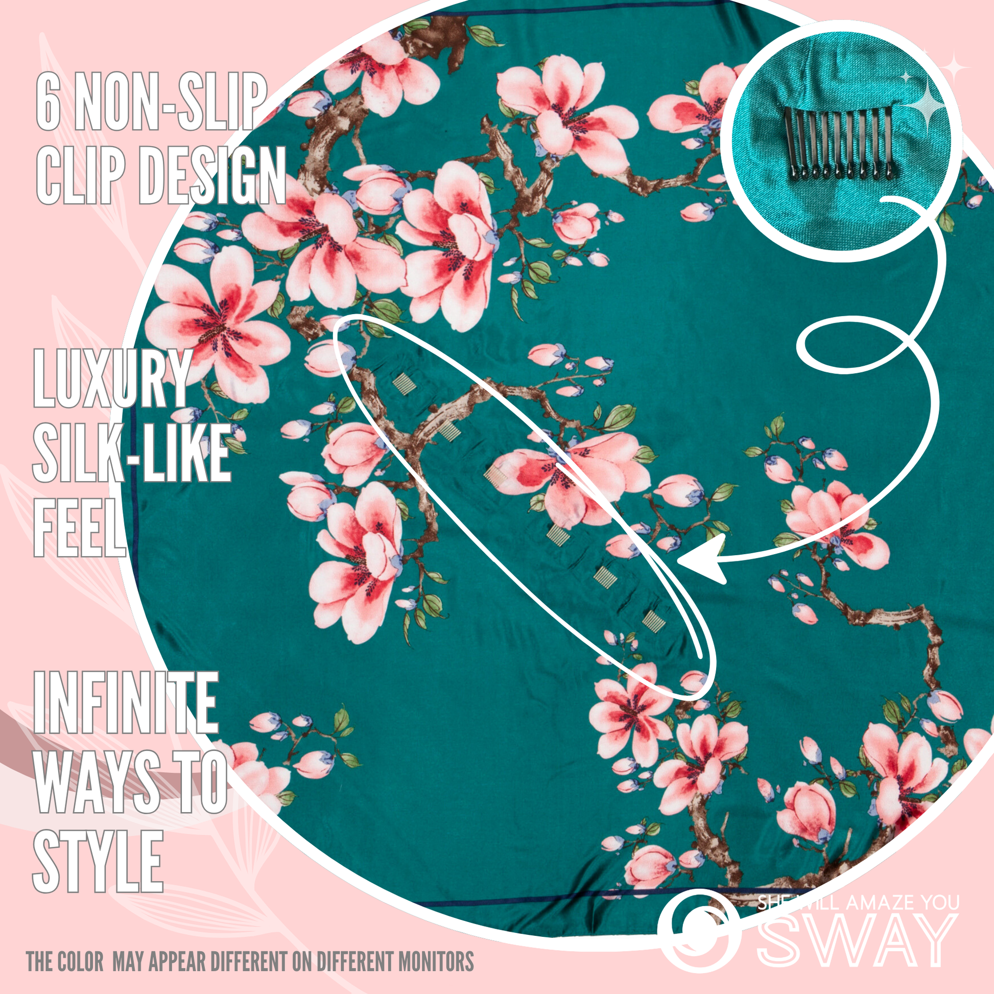 Green and Pink laid flat satin headscarf show non- slip clips