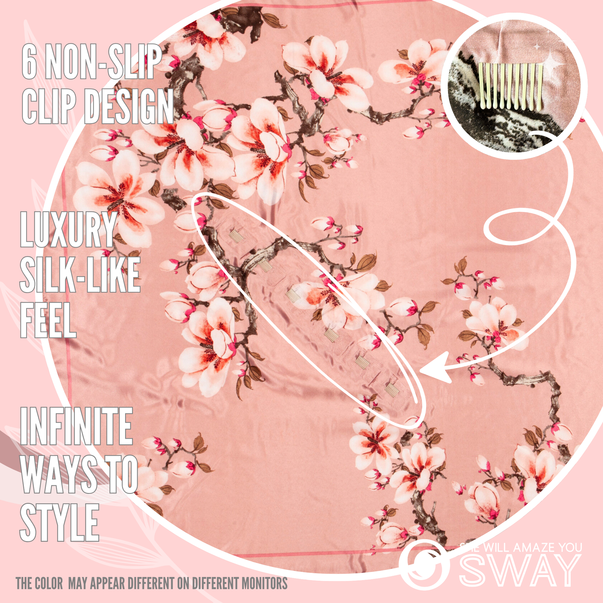 Pink apple blossom floral design satin scarf headband detail shot
