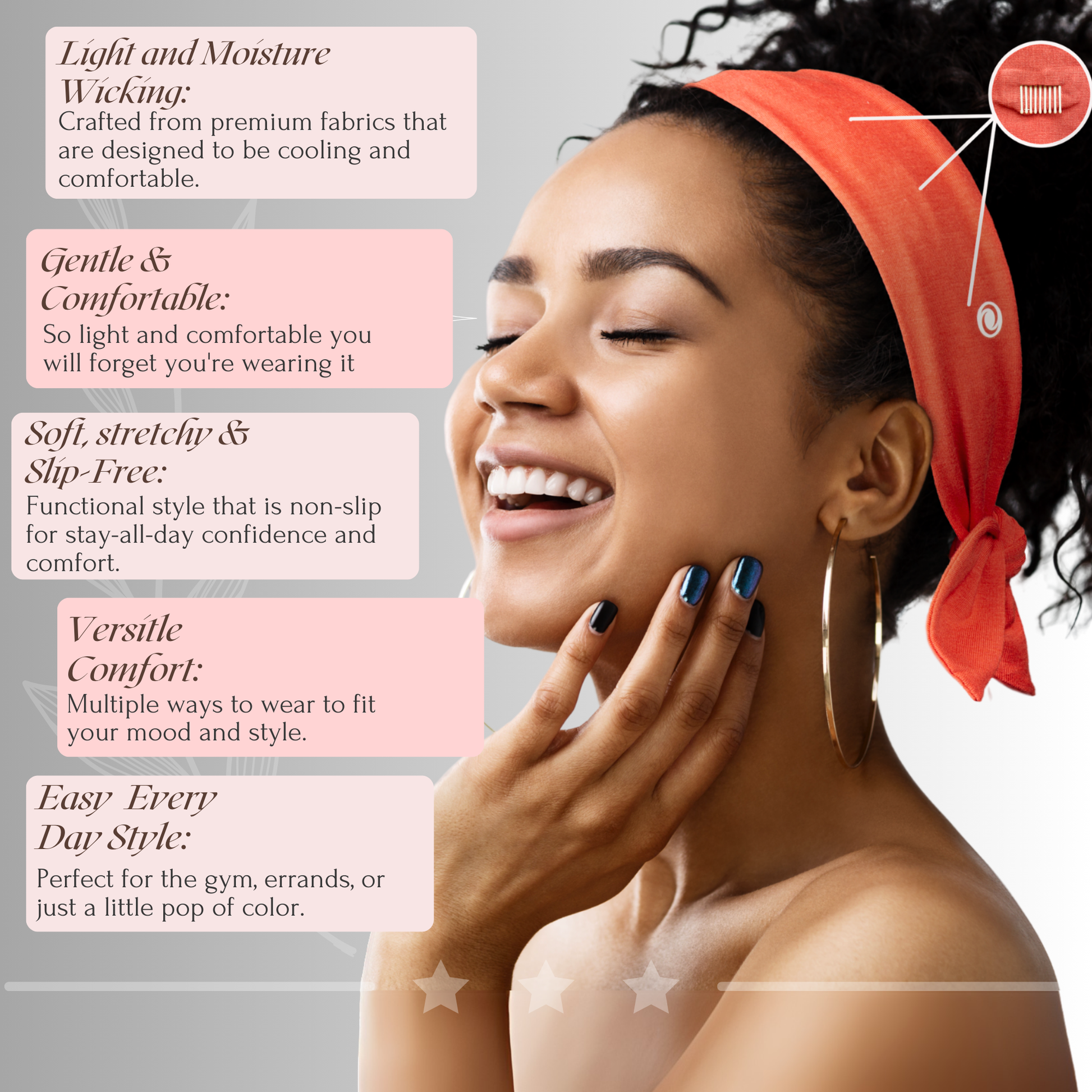 A woman wearing a moisture-wicking headband with product details