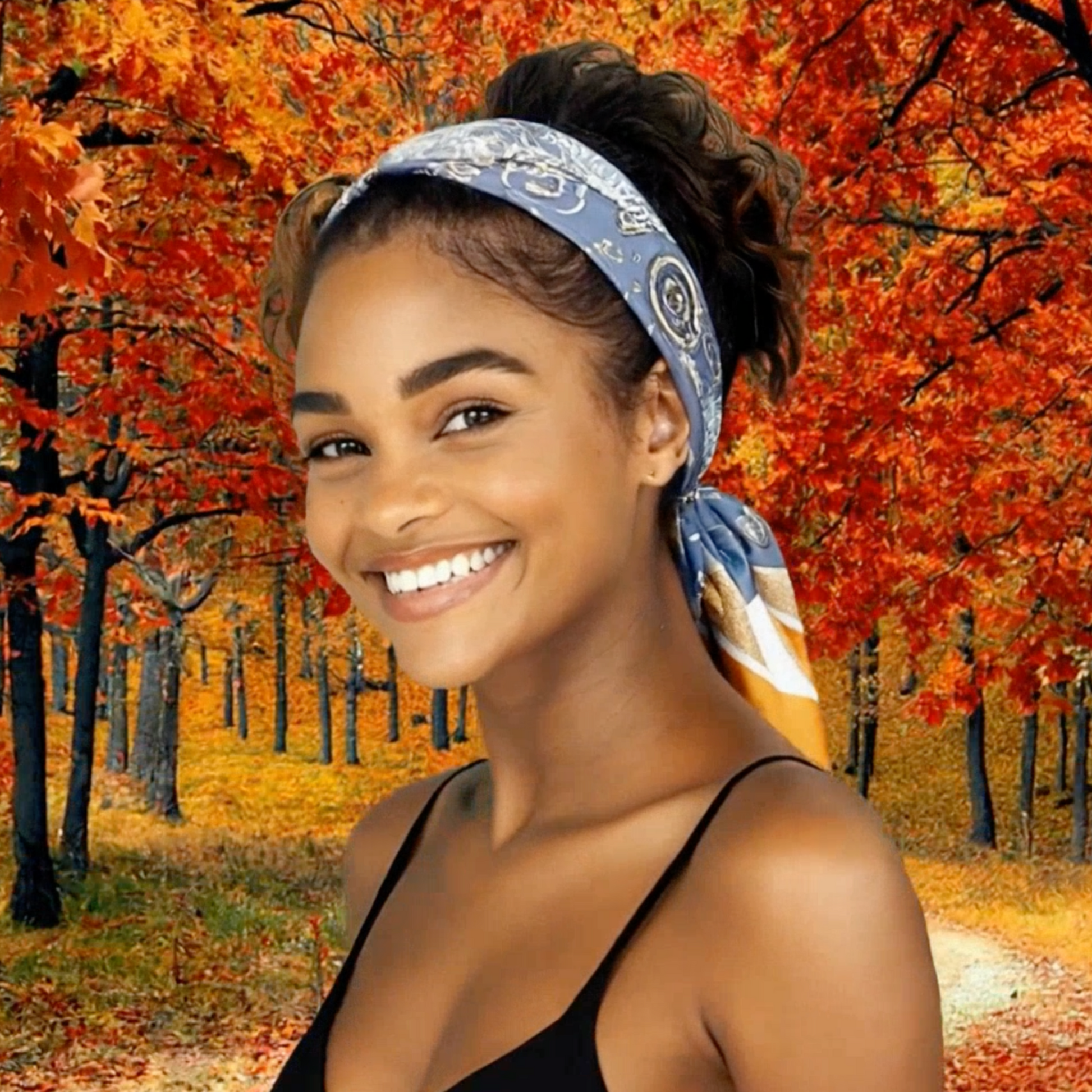 Woman wearing a SWAY satin headband tied at the side 