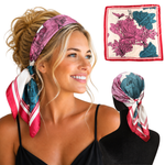 Woman wearing Seville Magenta floral satin scarf headband, shown flat and tied from the back