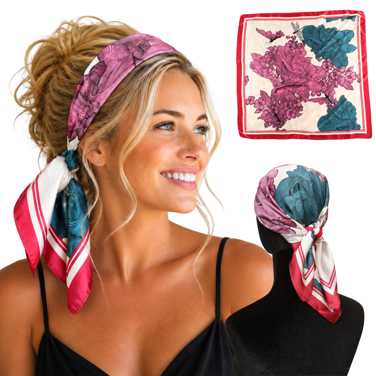 Woman wearing Seville Magenta floral satin scarf headband, shown flat and tied from the back