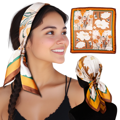 Small Satin Scarf Headband - Rust Squares Non-Slip