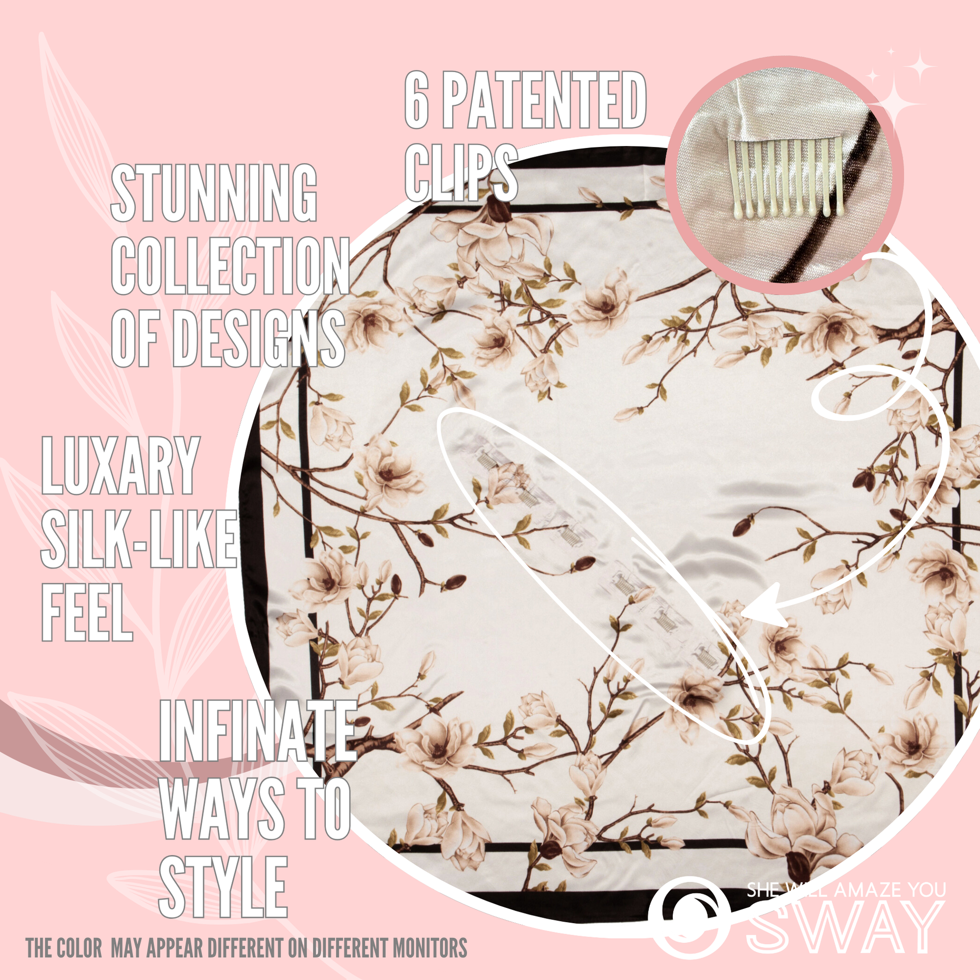 Black and White magnolia design on a large satin scarf laid flat 