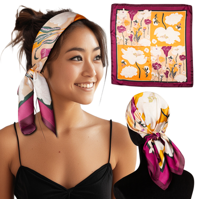 Small Satin Scarf Headband - Maroon Squares Non-Slip