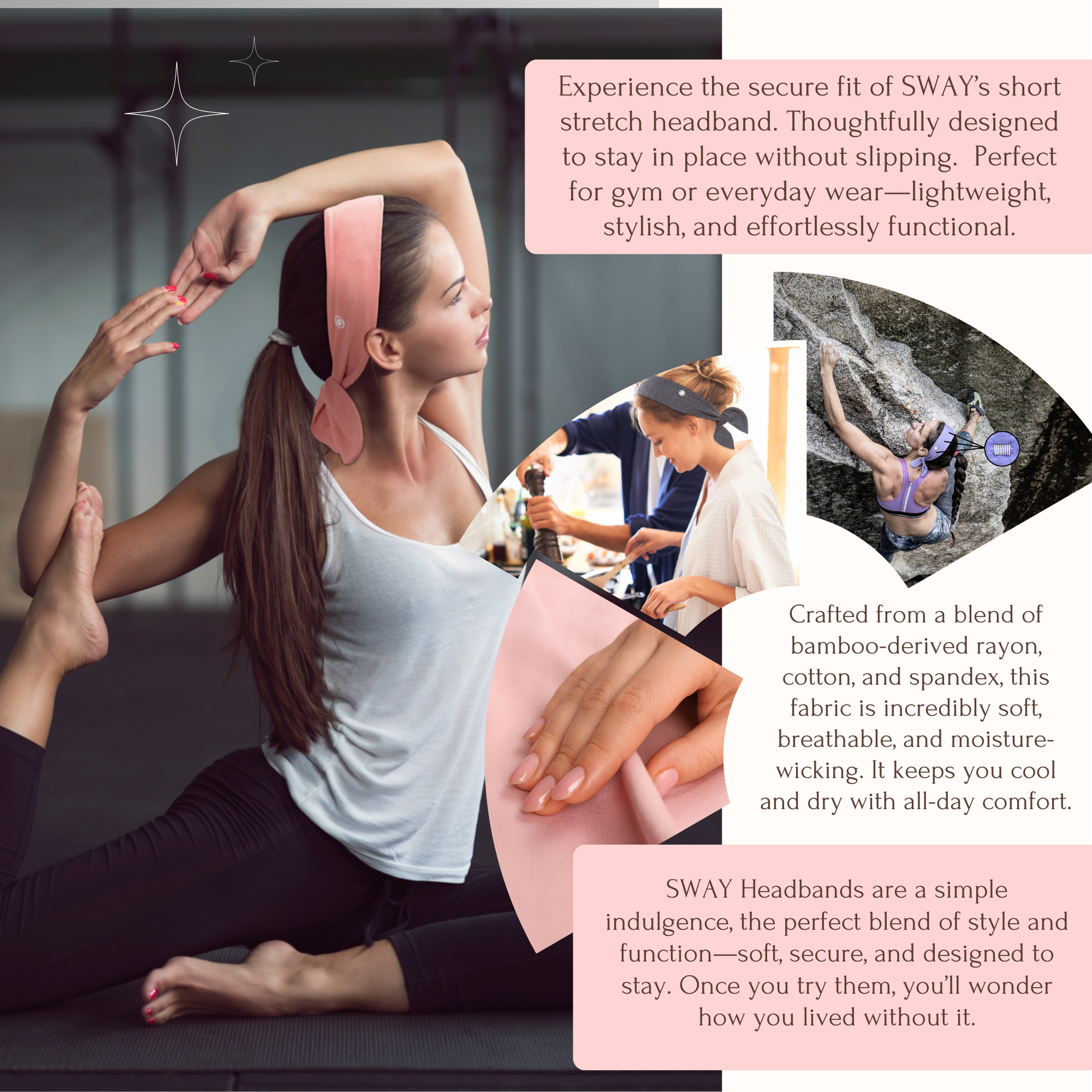 Woman wearing non-slip headband doing yoga exercises with product details.