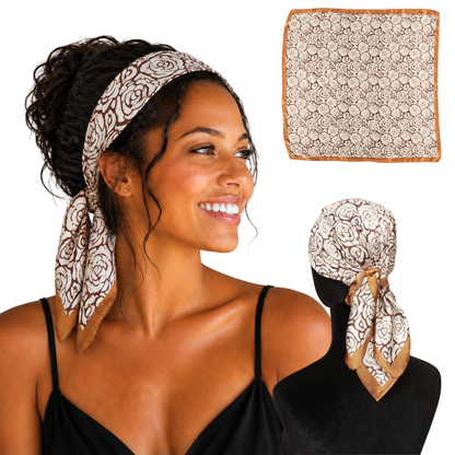 Woman wearing Milano Brown rose print satin scarf headband, shown flat and tied from the back