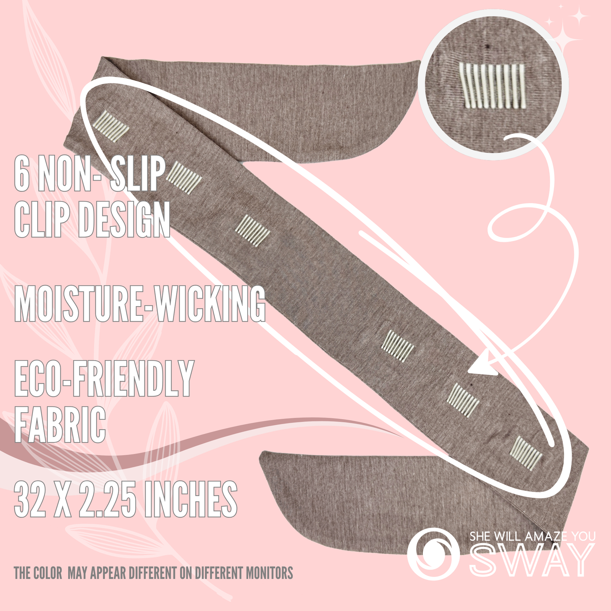 SWAY She Will Be An Original brown headband laid flat clip detail