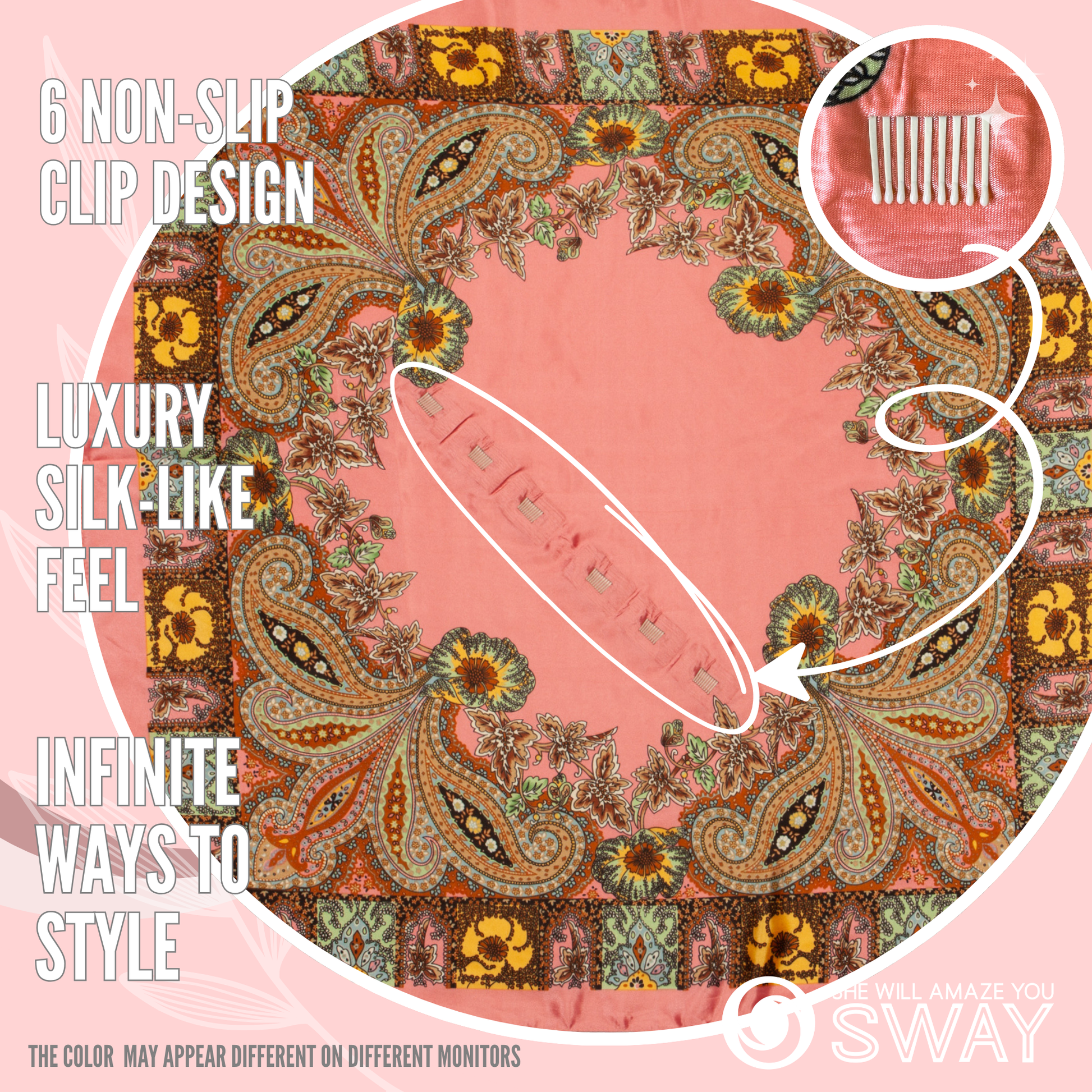 Coral and Yellow floral and swirl design satin scarf laid flat