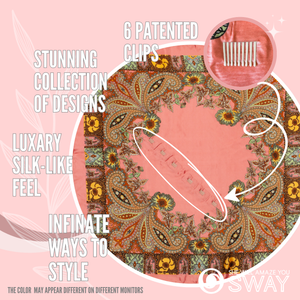 Coral floral and fleur-de-lis pattern satin scarf laid flat clips showing 