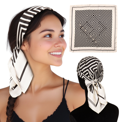 Small Satin Scarf Headband - Black Geometric Non-Slip