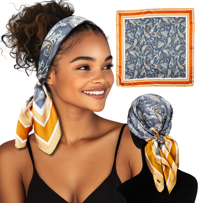 Small Satin Scarf Headband - Blue Patterned Non-Slip