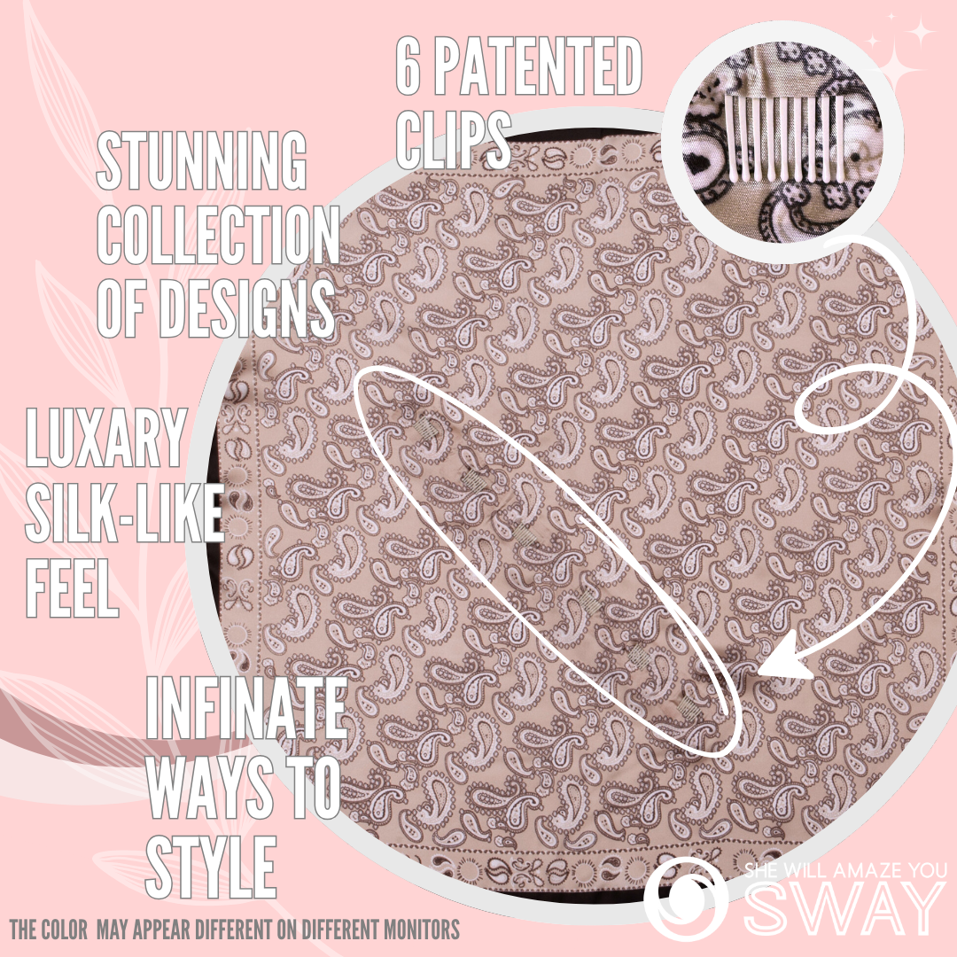 Taupe and black paisley design satin headbands scarf laid flat 