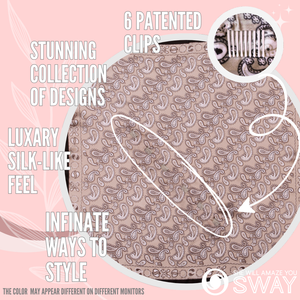 Taupe and black paisley design satin headbands scarf laid flat 