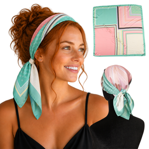 Woman wearing Patchwork Pink pink and mint color-block satin scarf headband, with flat and back views