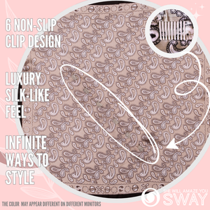 Taupe paisley design silky head scarf laid flat to show design 